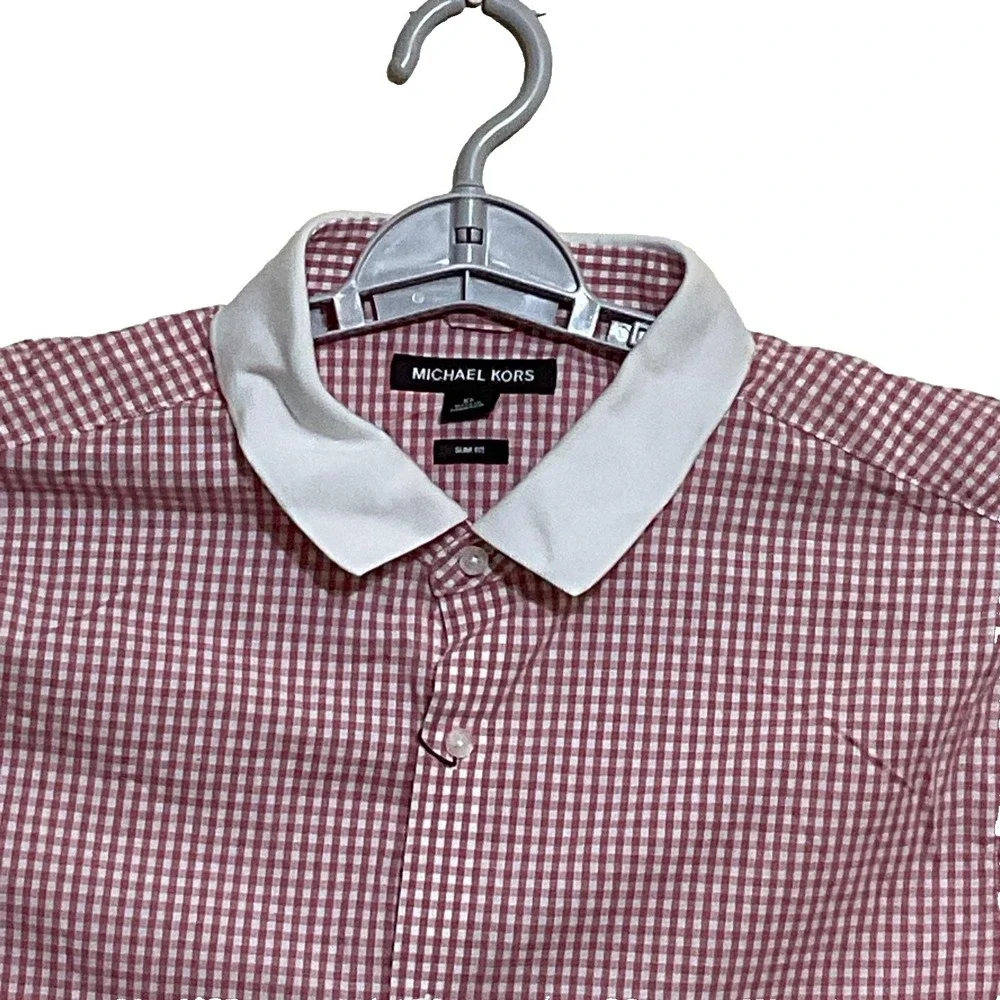 Michael Kors Slim Fit stretch short sleeved  plaid red ‎ white Women's blouse XL